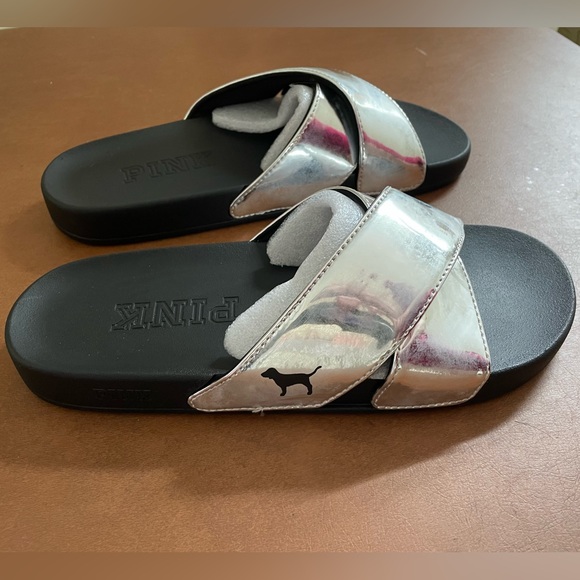 Pink by Victoria’s Secret NWT metallic silver slide sandals size Large 9-10 - Picture 2 of 8